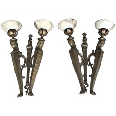 Antique Stunning Pair of Egyptian Revival Bronze Wall Sconces with Alabaster Shades