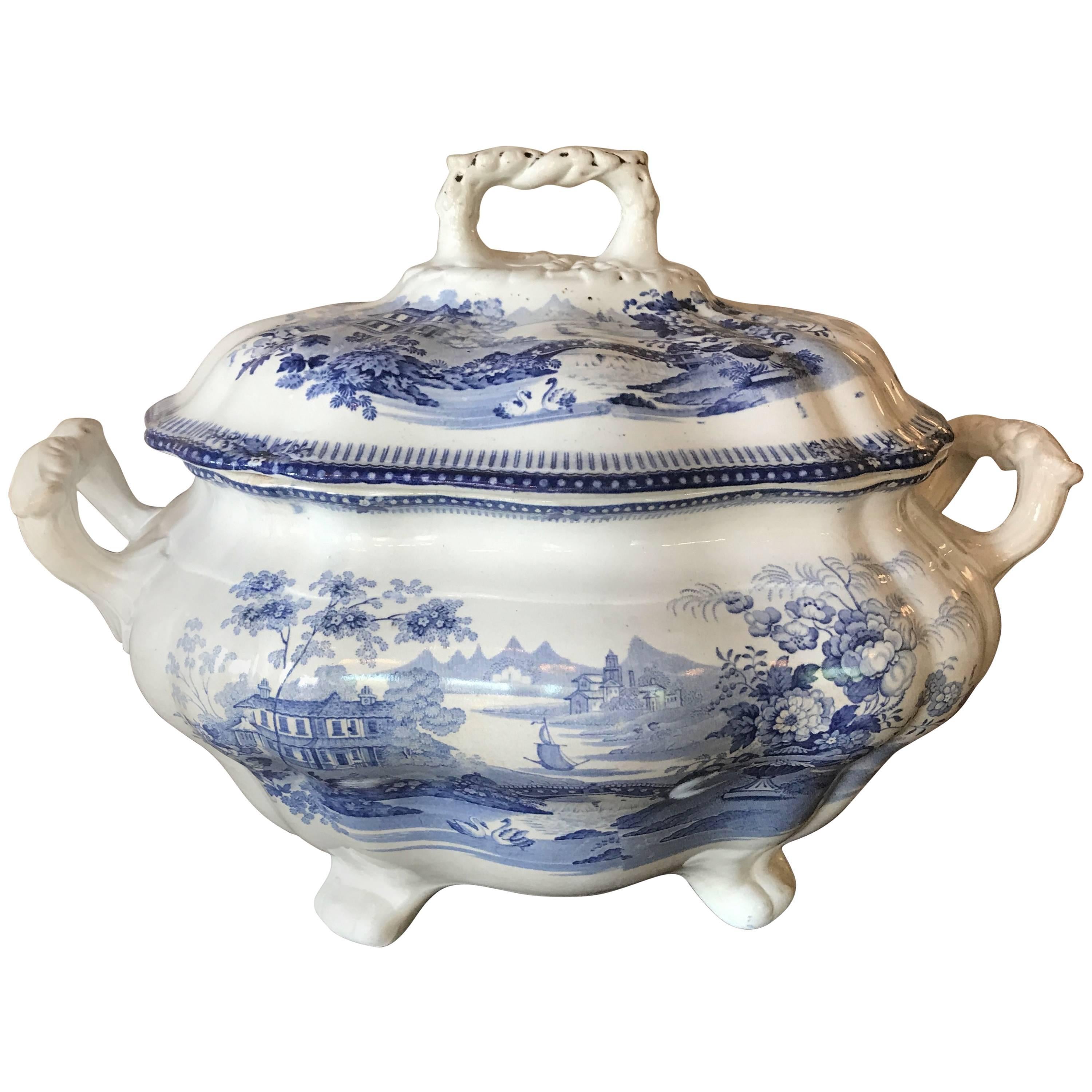 19th Century English Blue and White Transferware Tureen For Sale