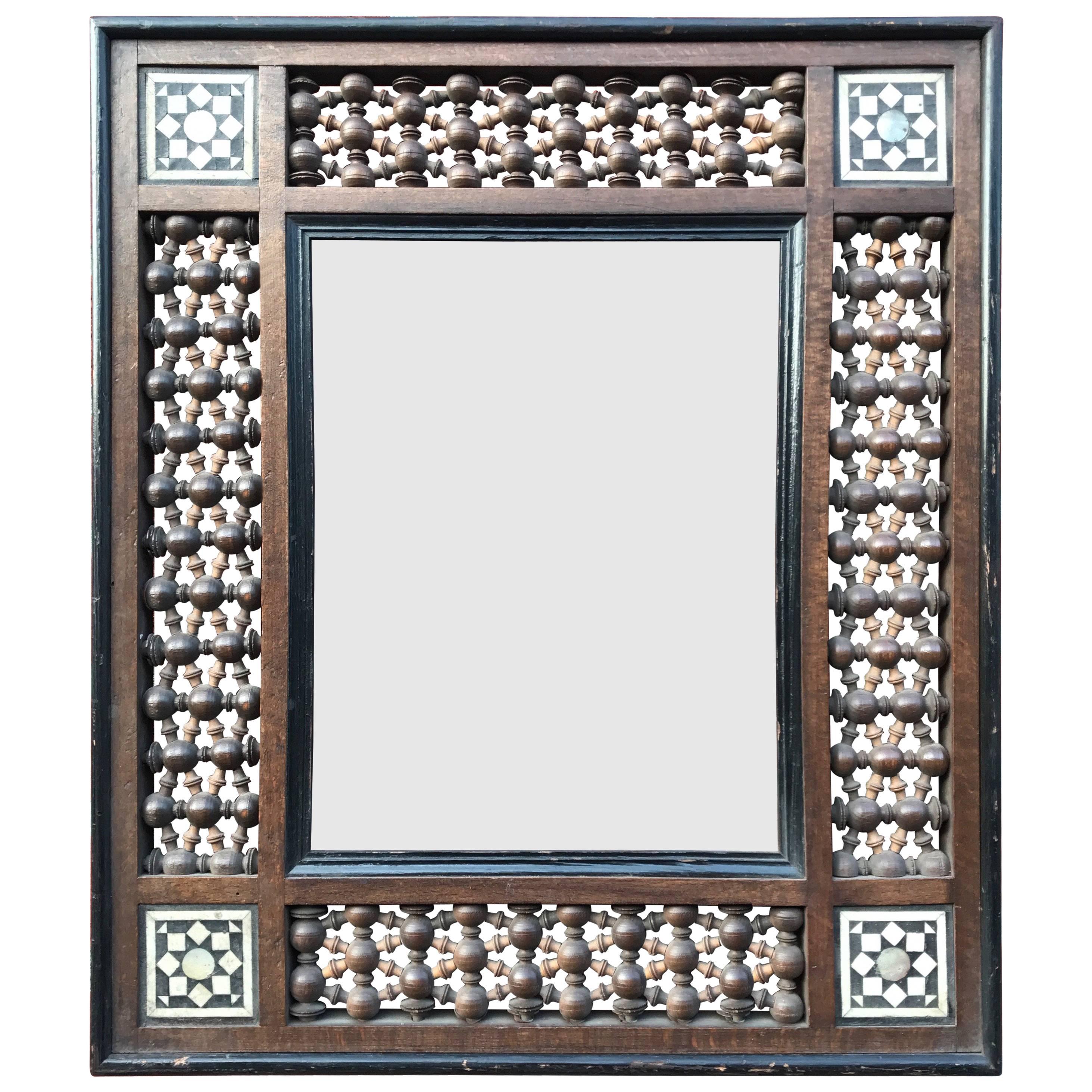 Antique Moorish Picture Frame Inlaid, Arab Motifs in Bone and Mother-of-Pearl