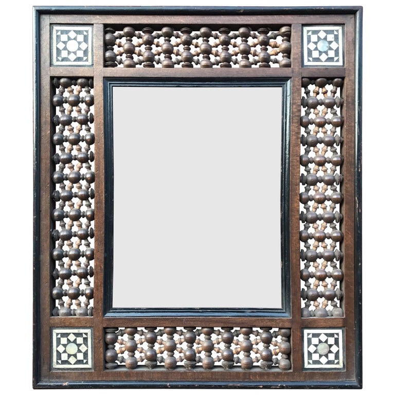 Antique Moorish Picture Frame Inlaid, Arab Motifs in Bone and Motherof
