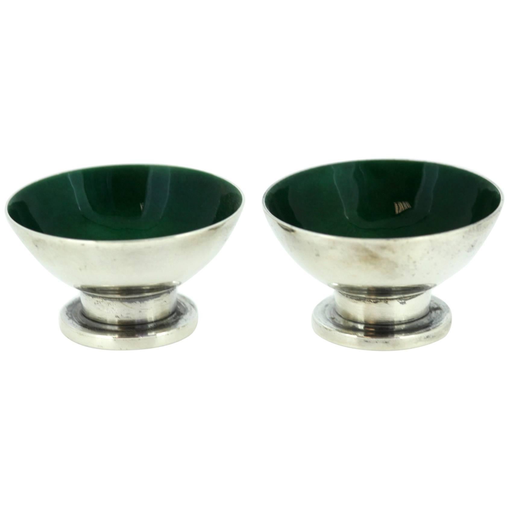 George Jensen, USA, Sterling Silver and Green Enamel Pair of Egg Holders, 1980s