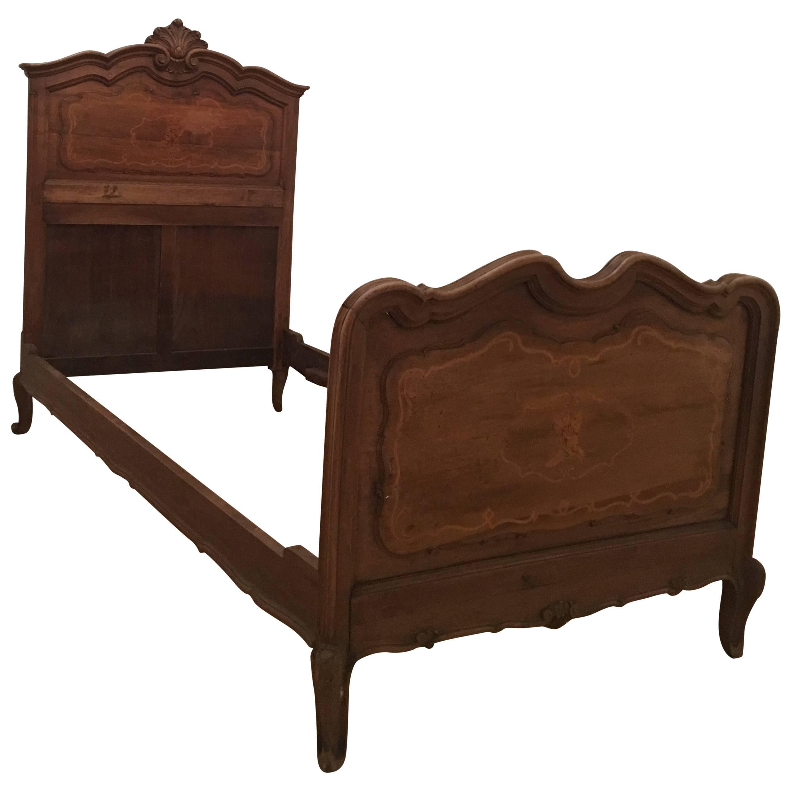 Pair of Italian Marquetry Inlaid Solid Carved Walnut Single Beds