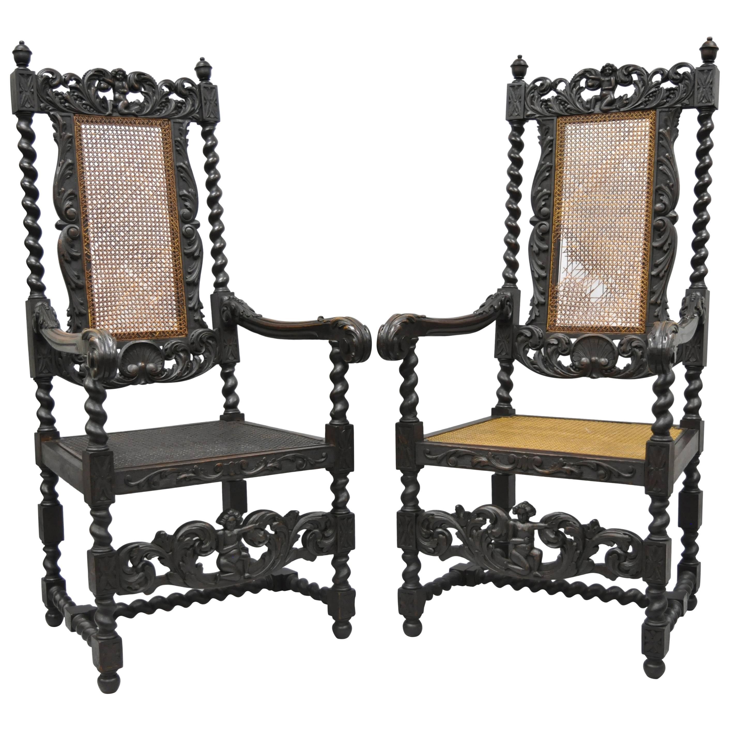 Jacobean Renaissance Revival Cherub Carved Parlor Throne Chairs Armchairs