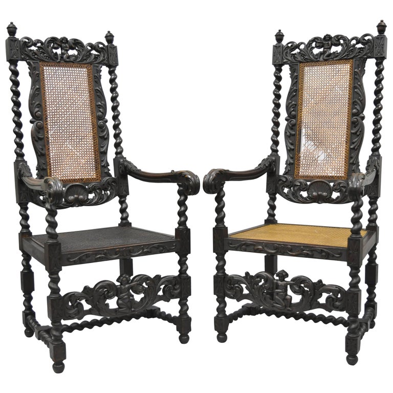 Jacobean Renaissance Revival Cherub Carved Parlor Throne Chairs