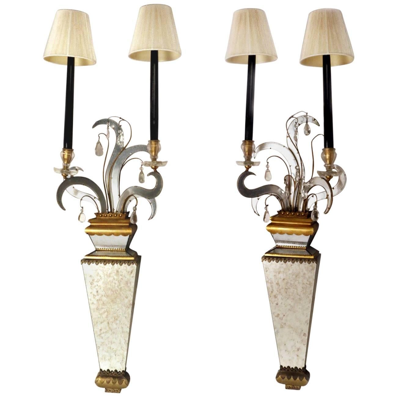 Pair of Two-Light Mirrored Wall Sconces,