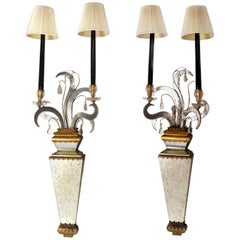 Vintage Pair of Two-Light Mirrored Wall Sconces,