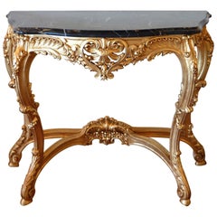 19th Century Louis XV Style Hand-Carved Gilded Console with Original Marble Top 19th Century Louis XV Style Hand-Carved Gilded Console with Original Marble Top