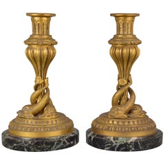 Pair of Antique 19th Century Ormolu Bronze Candlesticks with Entwined Dolphins