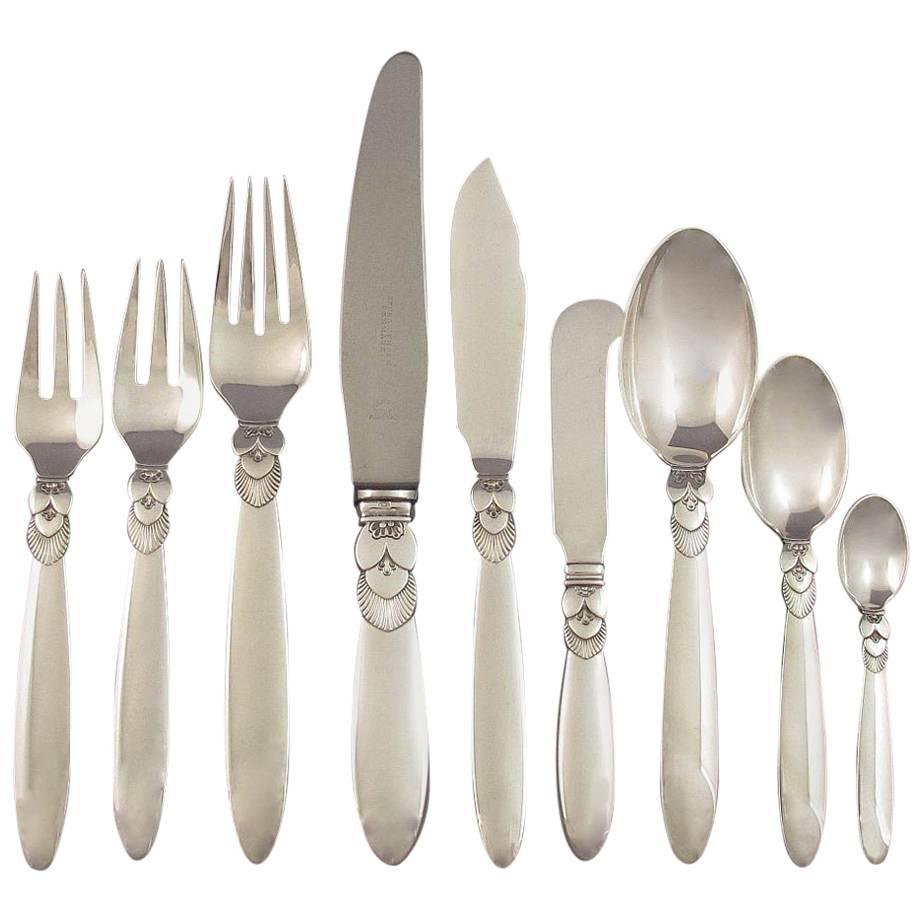 Georg Jensen Cactus Pattern Sterling Flatware Service for 8 For Sale