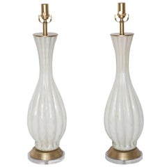Fully Restored White Bullicante Murano Glass Lamps with Gold Leaf, circa 1960