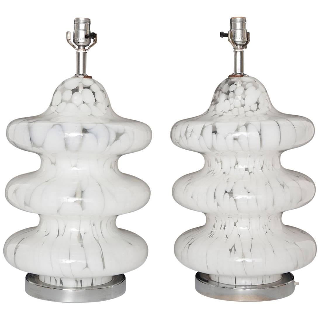 Pair of Three-Tiered Clear and White Mottled Murano Glass Lamps, circa 1970 For Sale