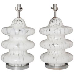 Pair of Three-Tiered Clear and White Mottled Murano Glass Lamps, circa 1970