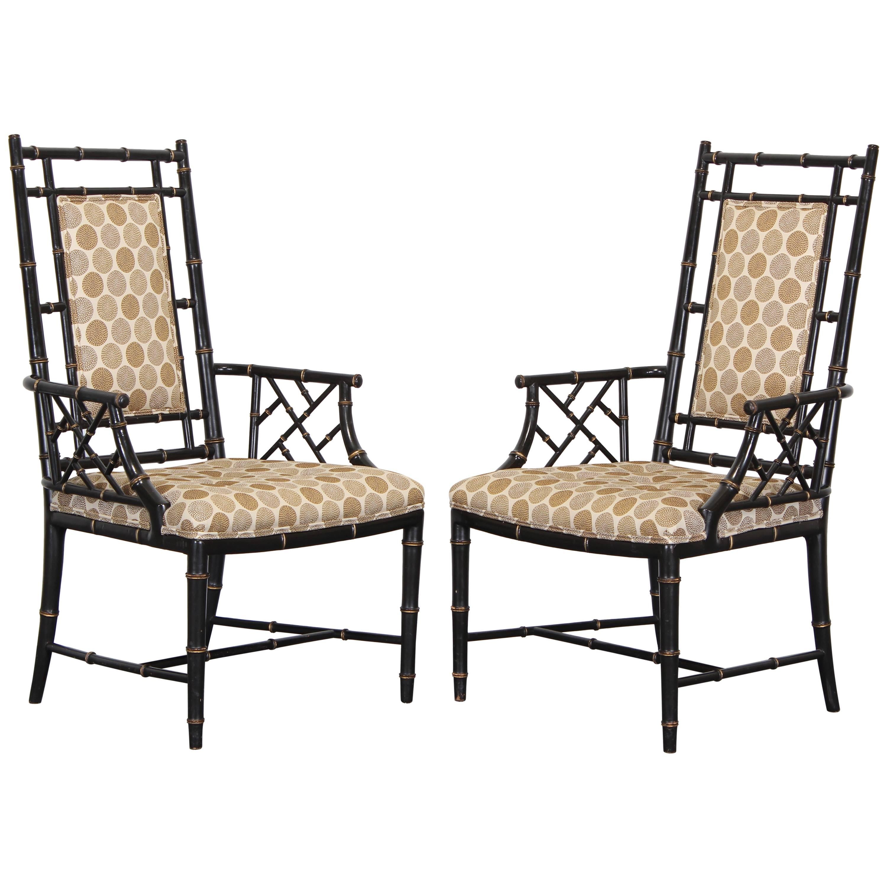 Chinese Chippendale Ebonized Faux Bamboo Chairs, 1960