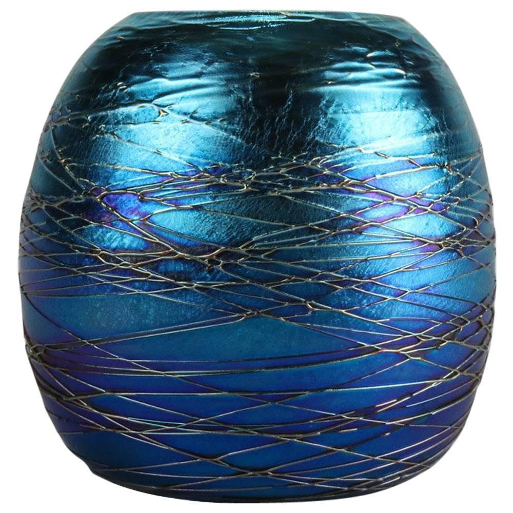 Durand Iridescent Blue Art Glass and Silver Threaded Beehive Vase Signed, 1995-4