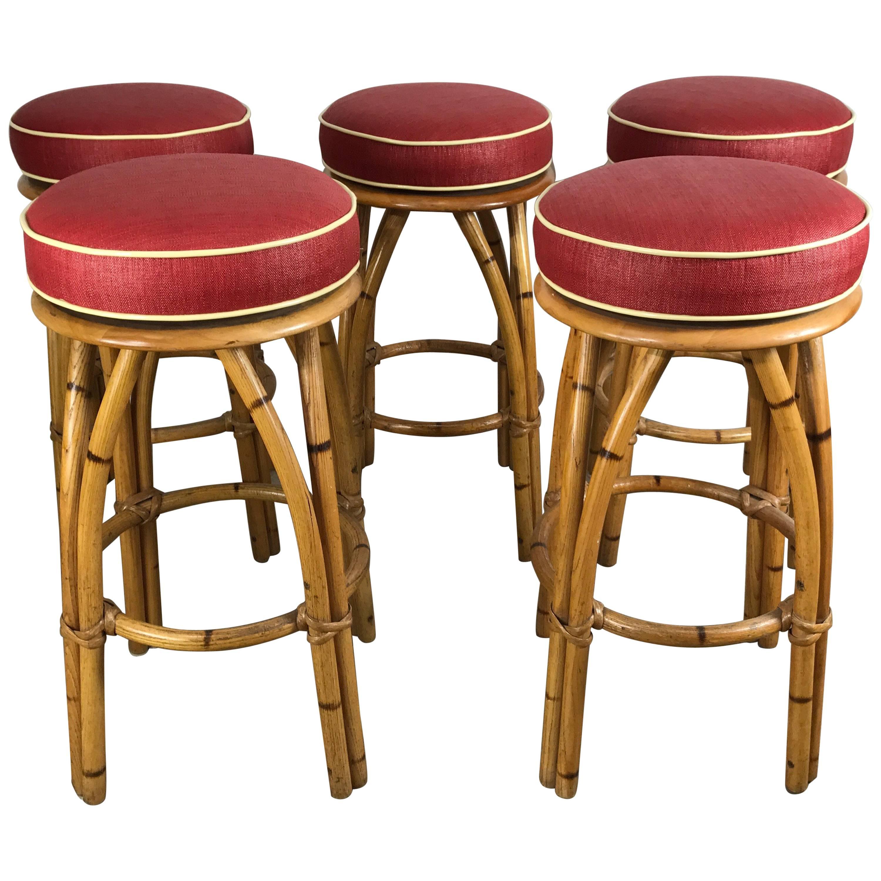 Set of Five Bamboo Swivel Bar or Counter Stools by Heywood Wakefield