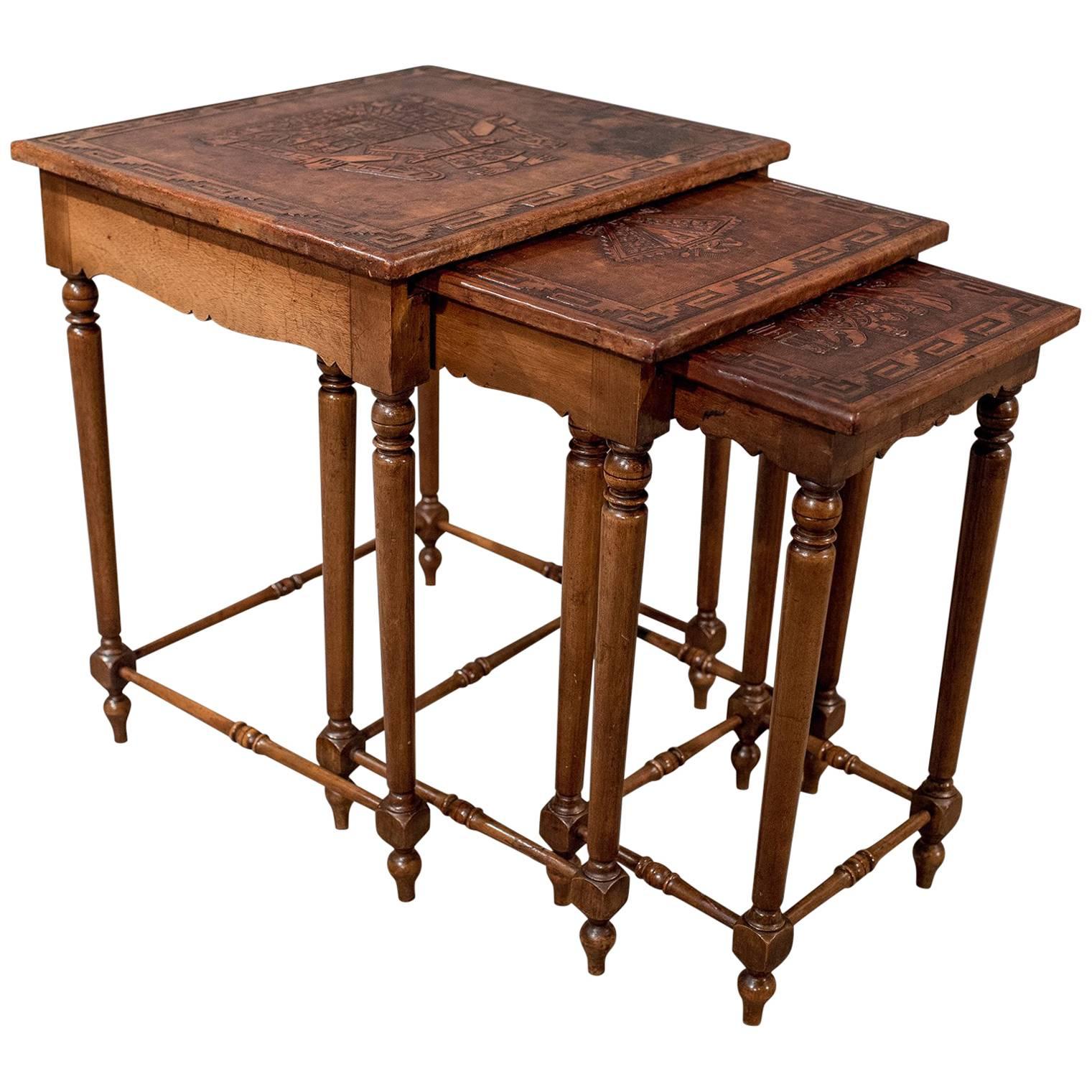 Nest of Side Tables Embossed Bolivian Inca Leather Tops Edwardian, circa 1910
