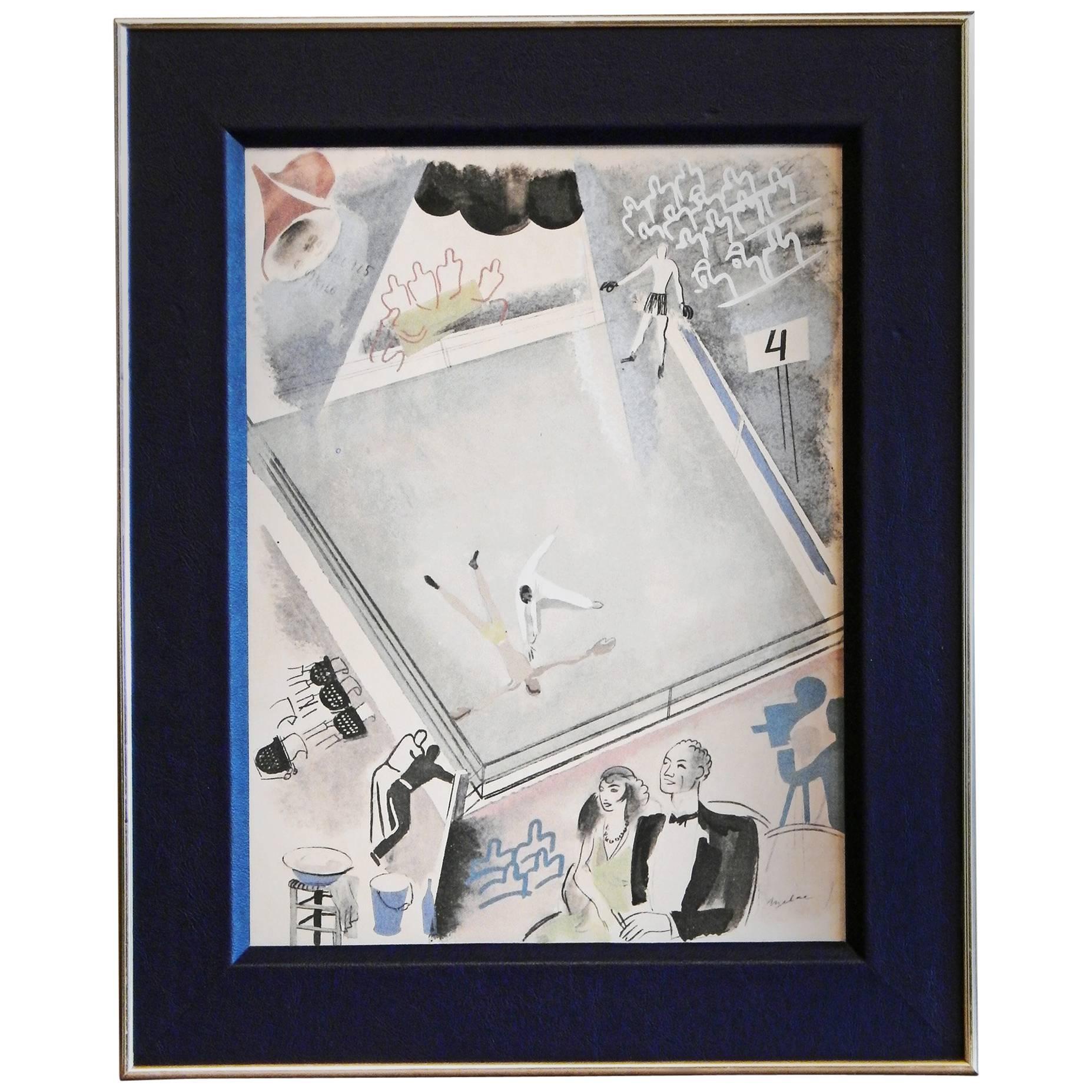 One of the rarest of Milivoy Uzelac's Olympics prints, this scene depicts the boxing arena from several vantage points -- from above, from the vantage point of the audience, and from the viewpoint of the cameraman, capturing a knockout. The artist's