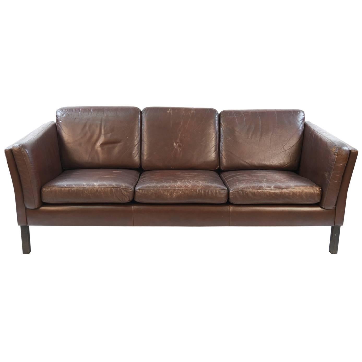 Danish Midcentury Three-Seat Sofa in Chocolate Brown Leather