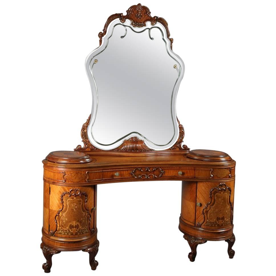 Antique French Continental Mahogany, Kingwood and Satinwood Marquetry Vanity