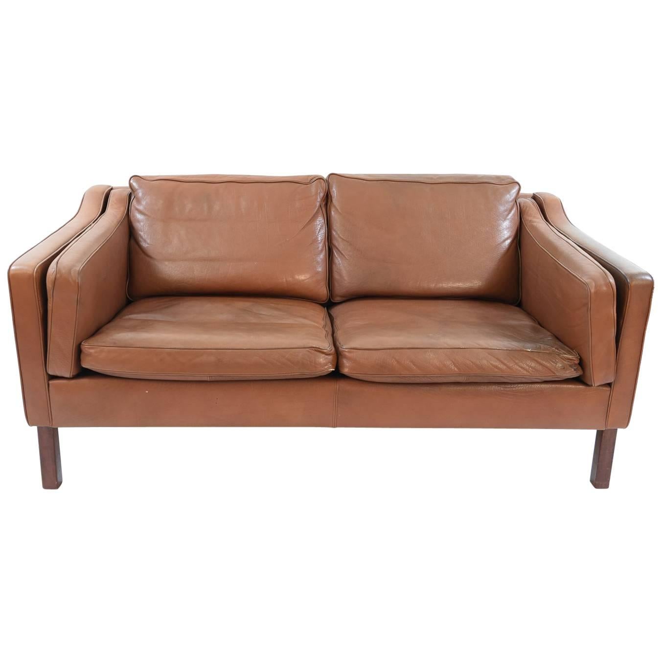 Danish Midcentury Børge Mogensen Style Leather Two-Seat Sofa or Loveseat