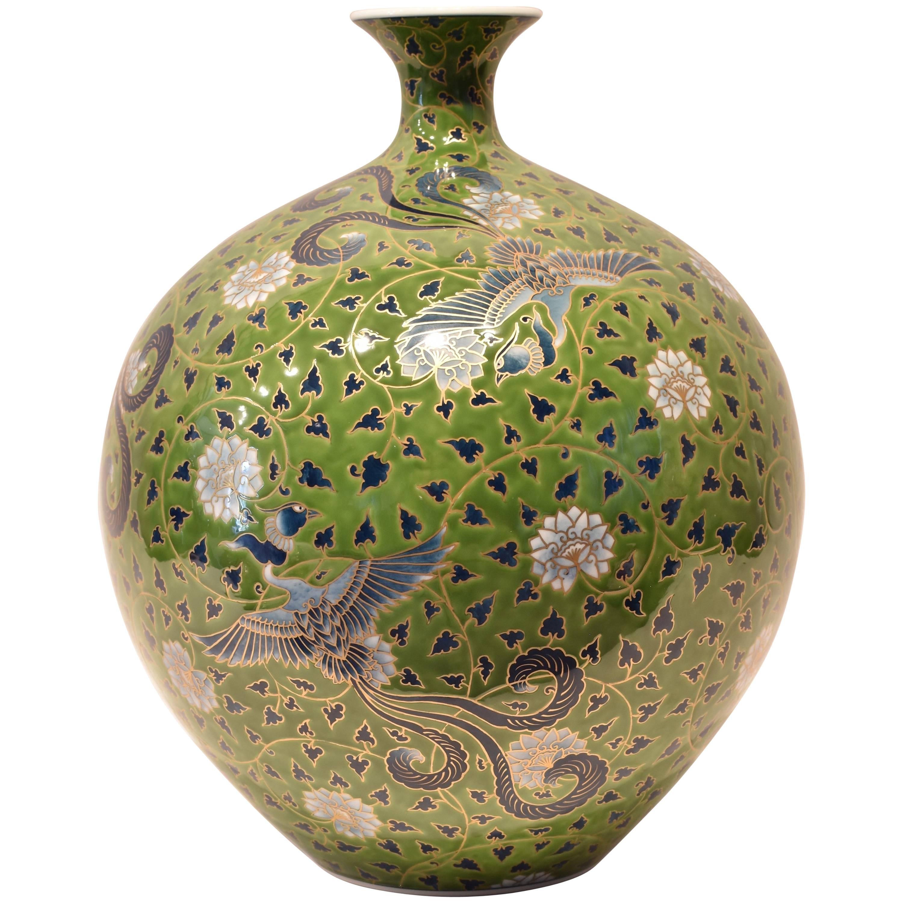 Large Green Gold Porcelain Vase by Japanese Contemporary Master Artist