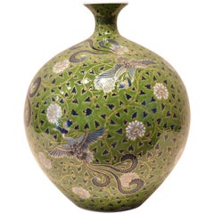 Large Green Gold Porcelain Vase by Japanese Contemporary Master Artist