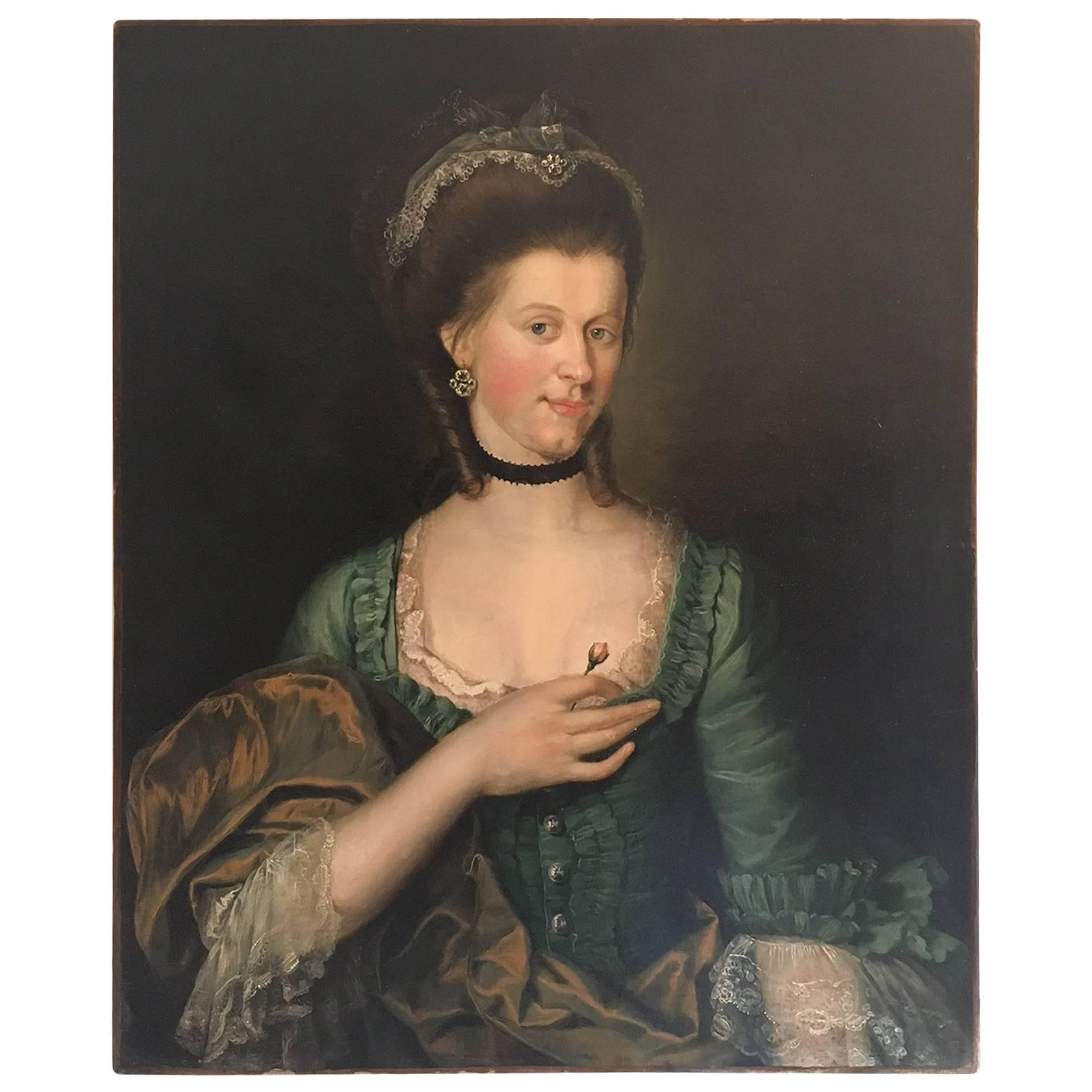 18th Century Old Master Portrait of a Young Woman with a Rose For Sale