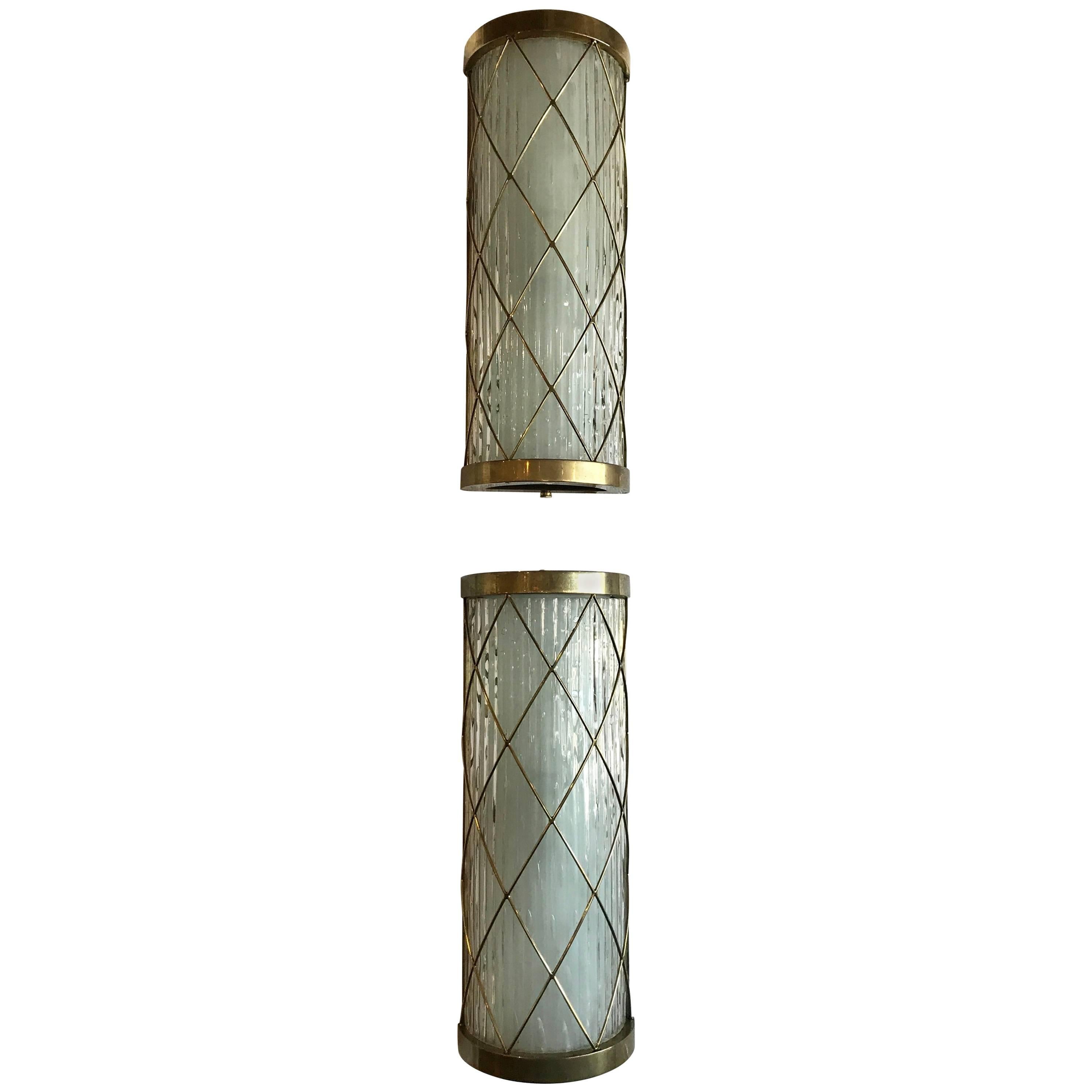 Beautiful Pair of Wall-Mounted Brass and Glass Sconces