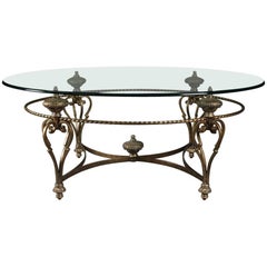 Hollywood Regency Italian Venetian Glass Top Gilt Iron Oval Coffee Table