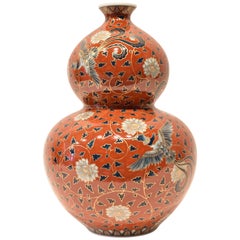 Large Japanese Contemporary Red Gilded Imari Porcelain Vase by Master Artist