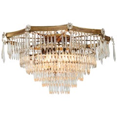 Brass and Crystal Glass Hollywood Regency Flush Mount, 1950s