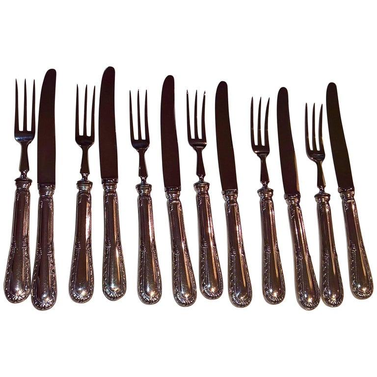Late 19th Century German Silver Dessert Fruit Set of 12 Knives and