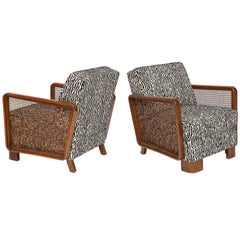 Pair of Deco Cane Lounge Chairs Black and White Animal Print, France, 1940s