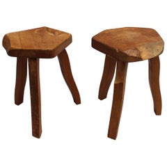 Two French 1950s Oak Tripod Stools