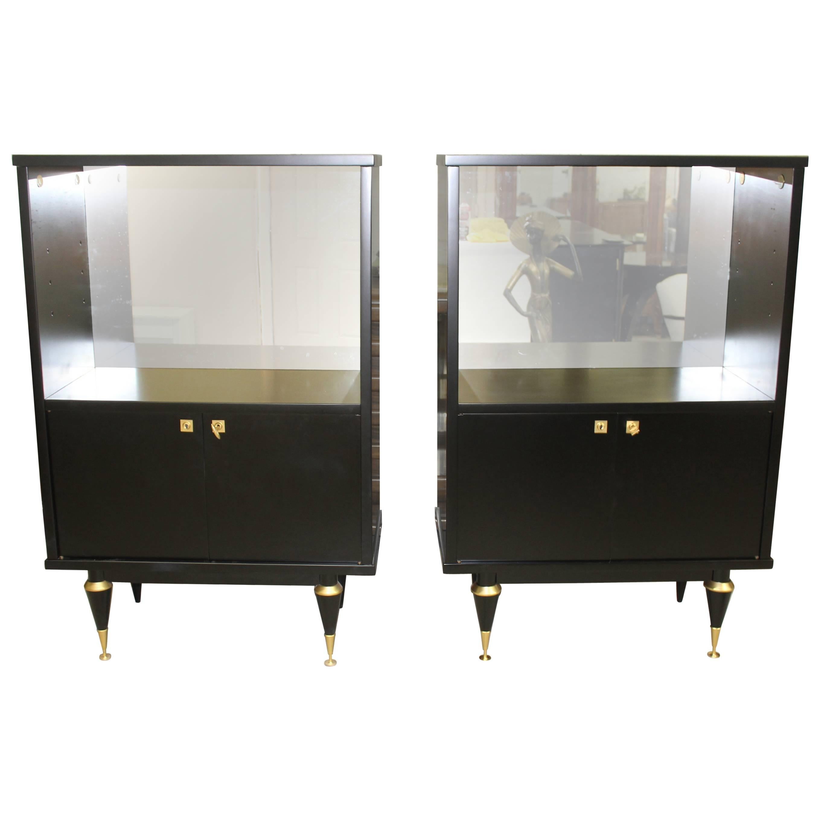 Pair of French Art Deco Tall Sideboard / Cabinets Ebonized, circa 1940s