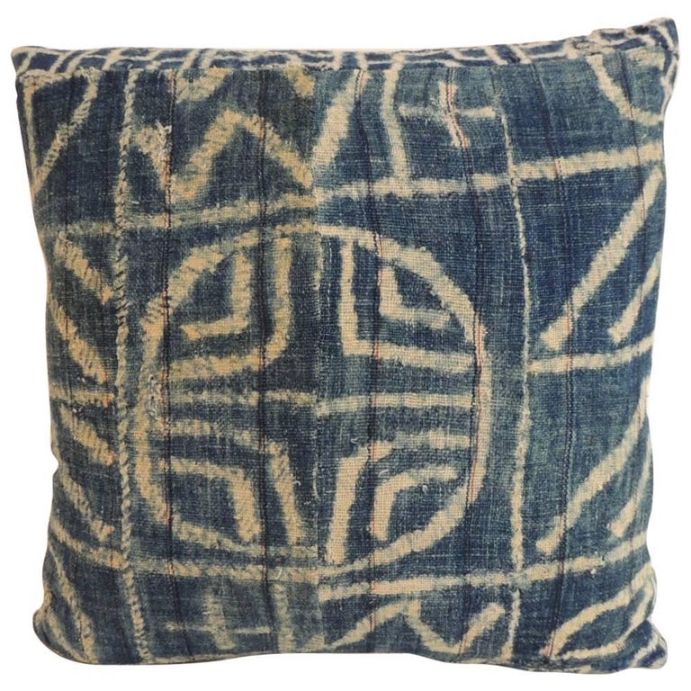 African Blue and Natural Ndop ArtisanalTextile Square Decorative Pillow For Sale at 1stdibs