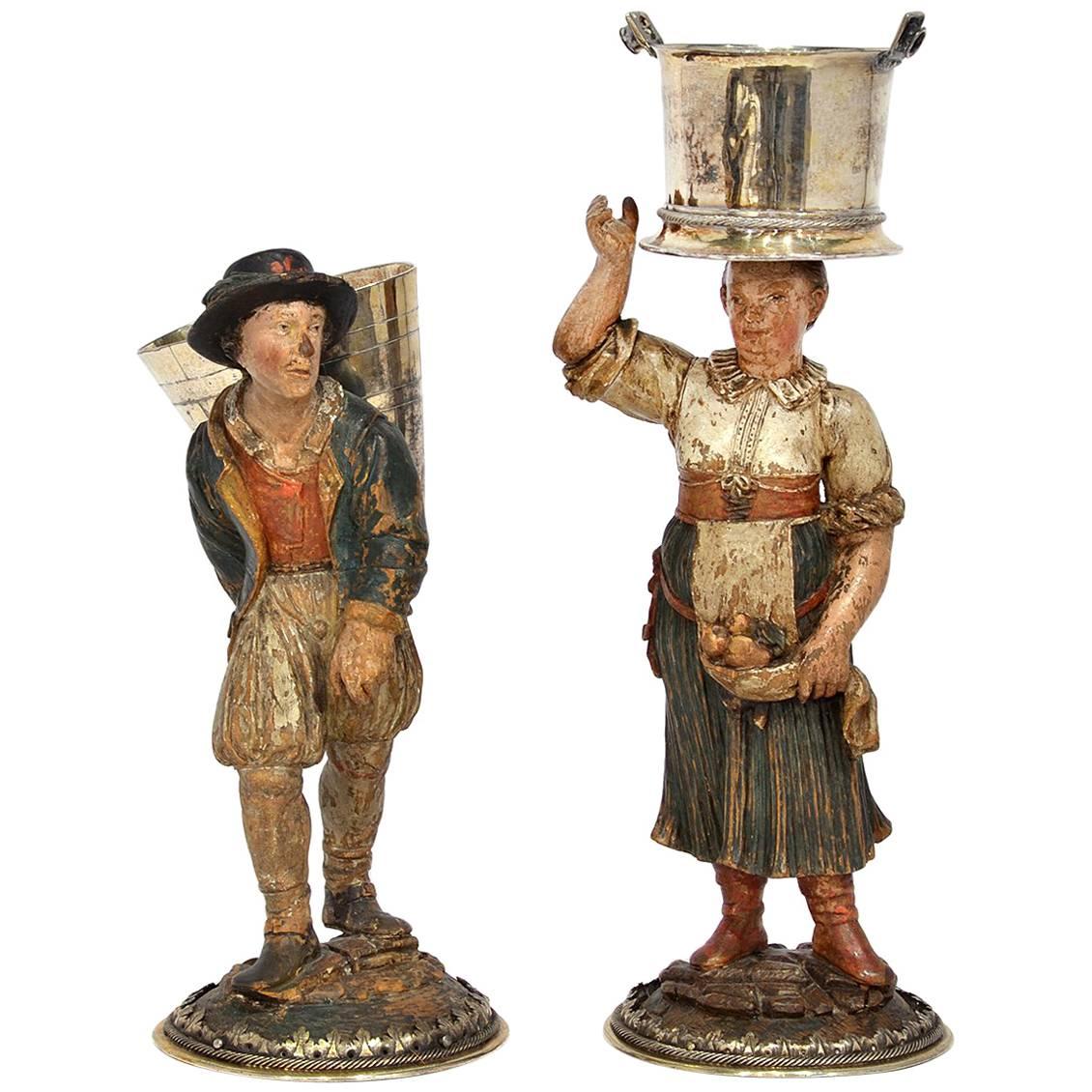 Rare Pair of Late 18th-Early 19th Century Italian Carved and Painted Figures