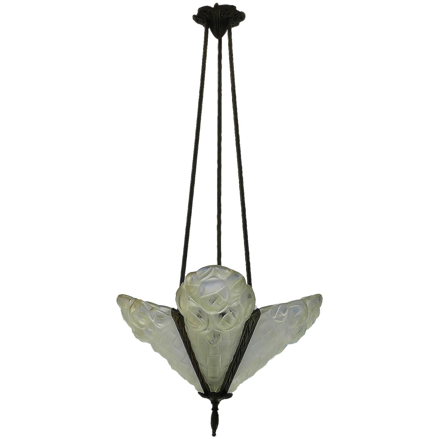 Art Deco Chandelier Signed by Degue French Glass Pendant Light, circa 1930
