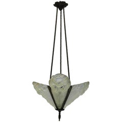 Art Deco Chandelier Signed by Degue French Glass Pendant Light, circa 1930