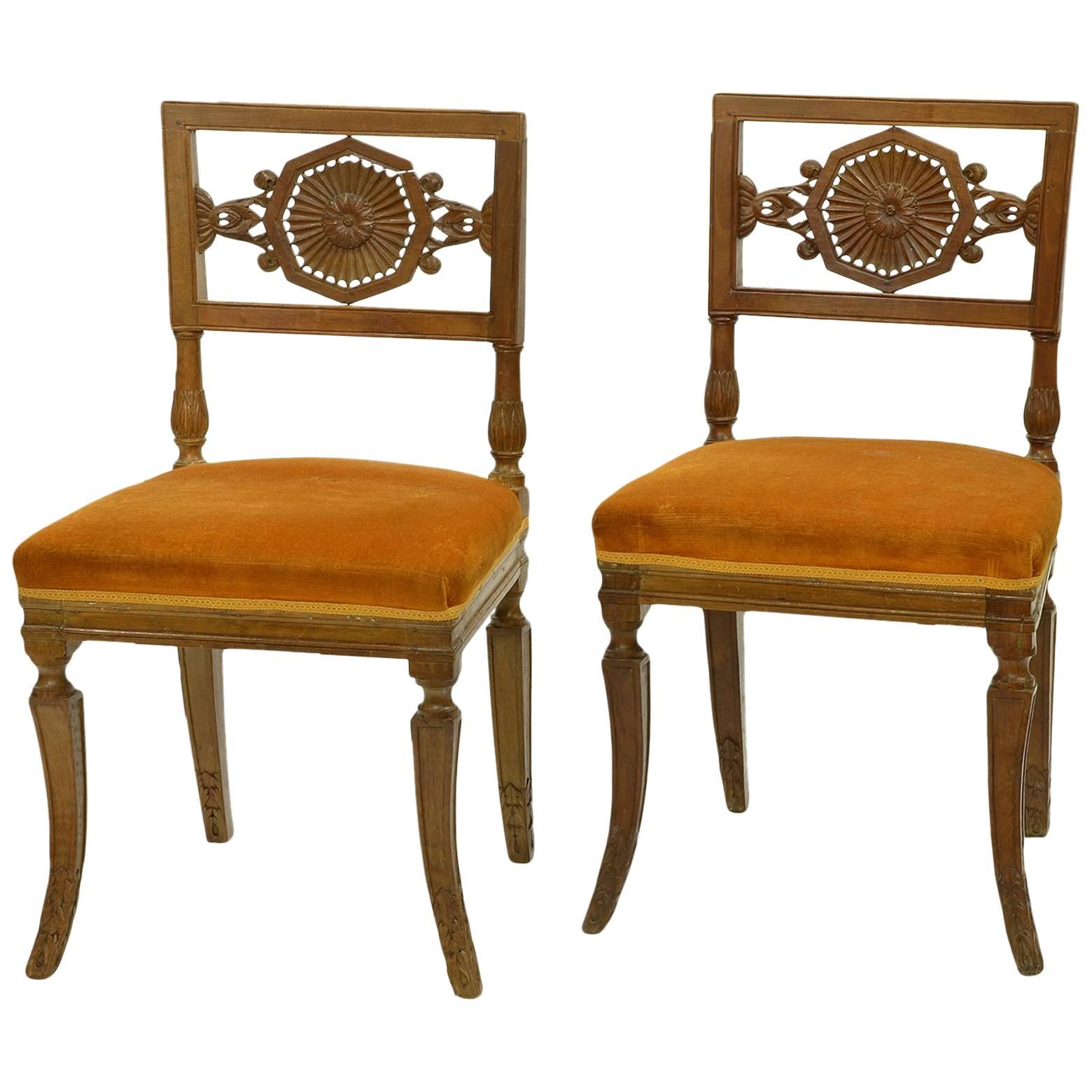 Pair of Rare Early 19th Century Italian Neoclassical Carved Walnut Side Chairs