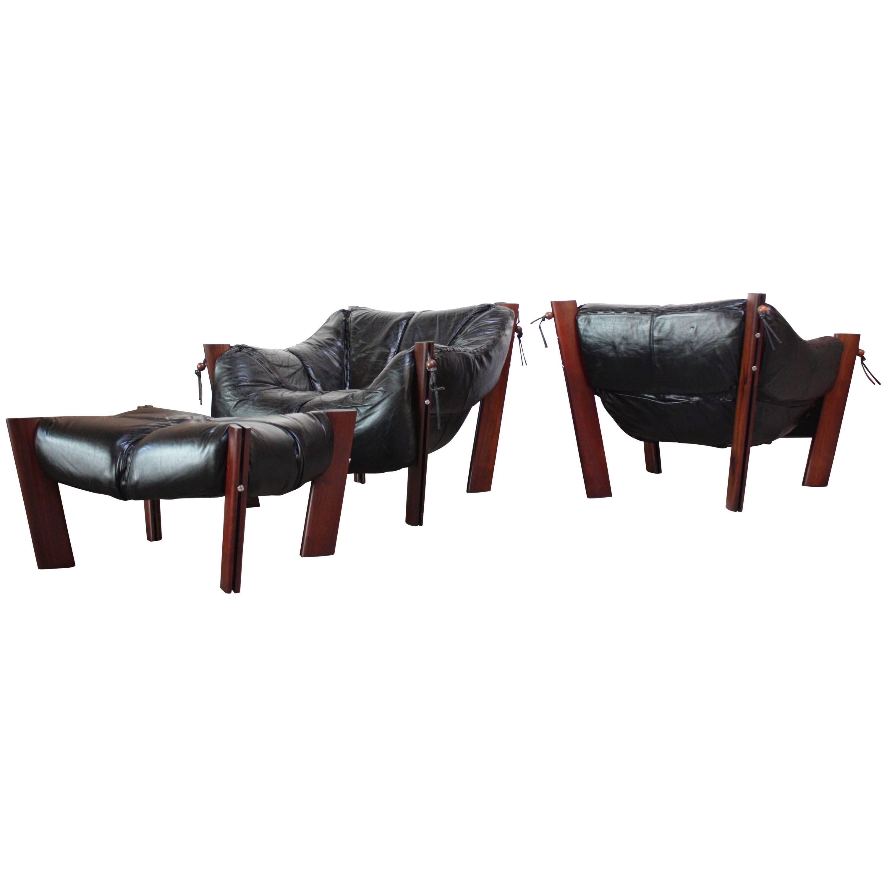 Pair of Jacaranda and Leather Lounge Chairs and Ottoman by Percival Lafer