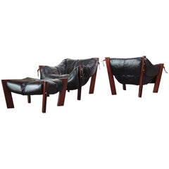 Pair of Jacaranda and Leather Lounge Chairs and Ottoman by Percival Lafer