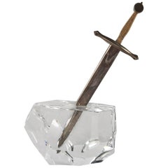 Steuben "Excalibur" Crystal Paperweight with Letter Opener & Red Leather Display