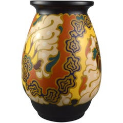 Vintage Large Hand-Painted Gouda Regina Floral Vase in 20th Century Design