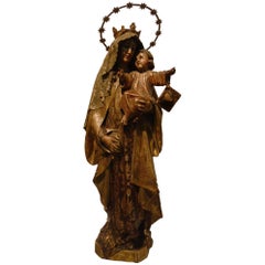 19th C. Wooden Sculpture Virgin Mary with Jesus - Wood Carved Polychrome Figure