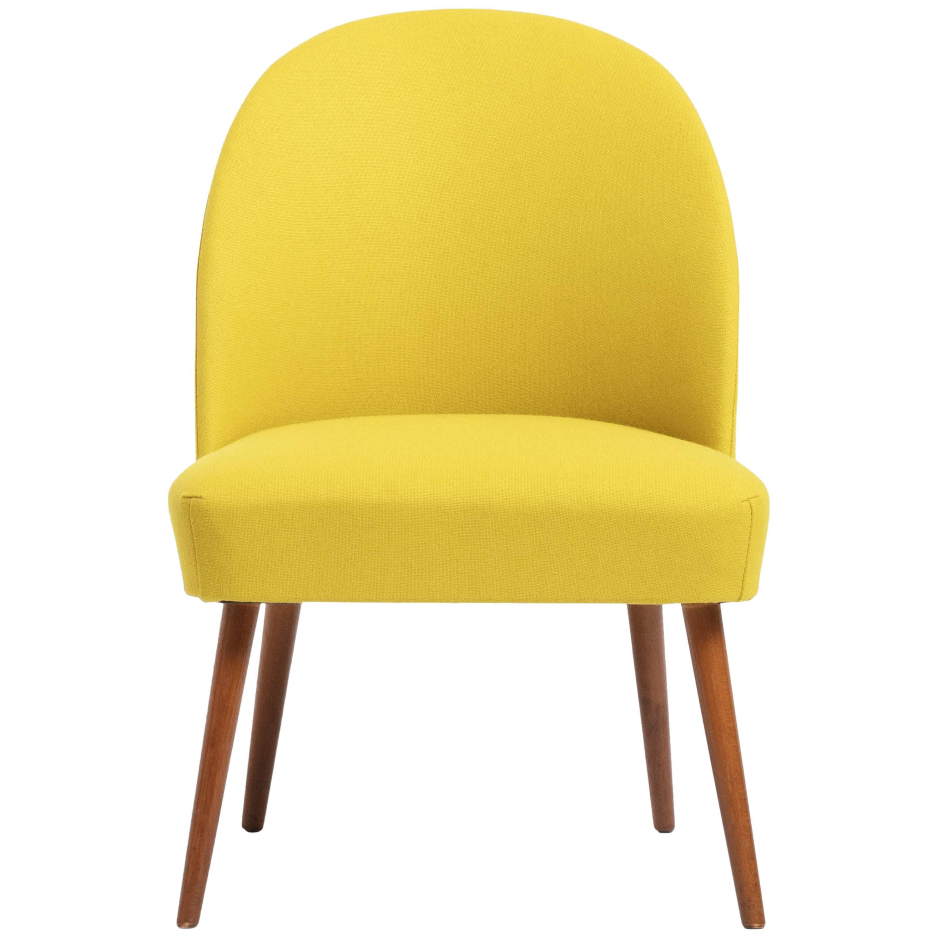 Cocktail Chair, 1960s Tipped Legs of Stained Oak, Yellow Wool Upholstery For Sale