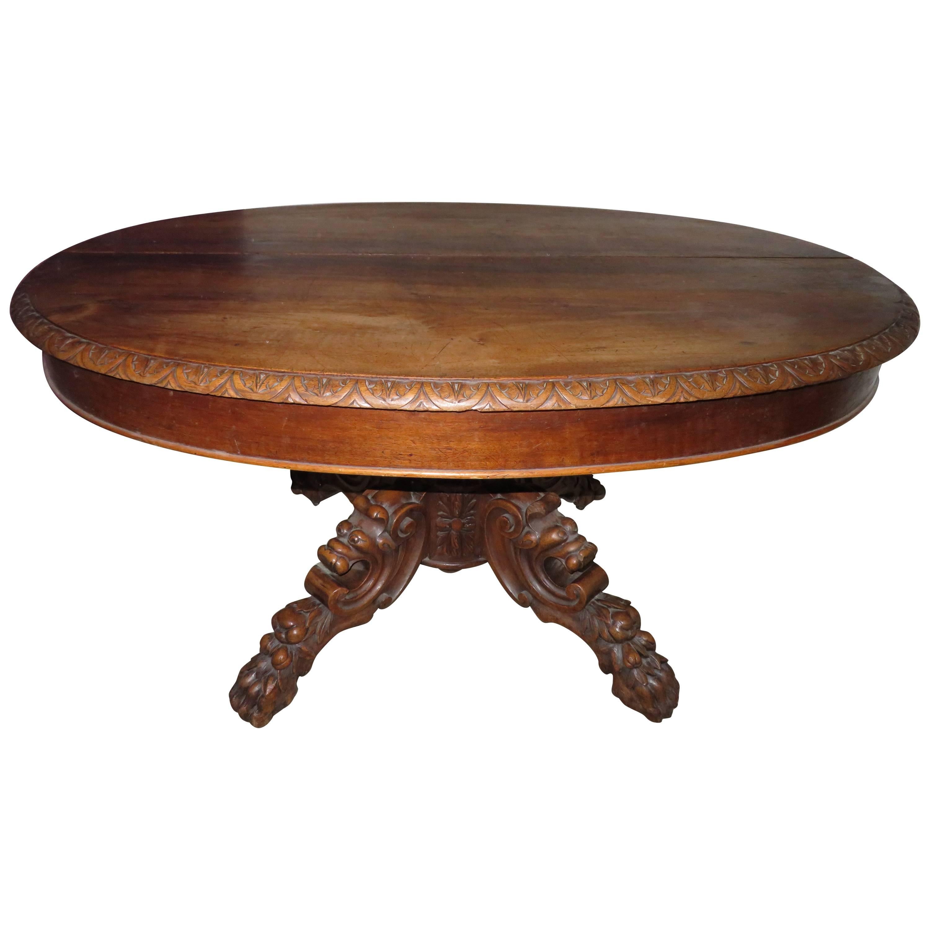 Antique French Carved Griffin Oval Pecan Dining Table Renaissance Gothic For Sale