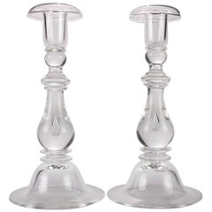Pair of Single Light Art Glass Crystal Candlesticks in Teardrop by Steuben