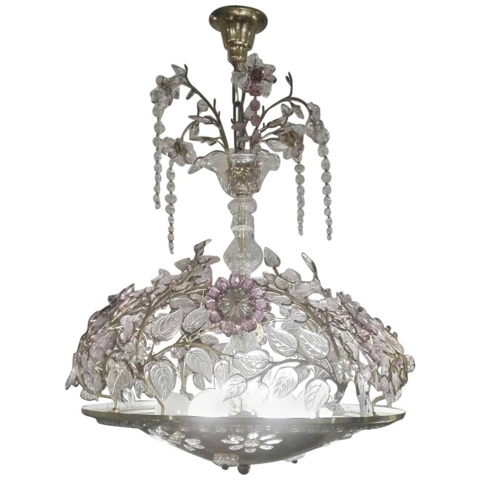 1970 Chandelier with Kristal Flowers and Leaves in the Style of Maison Baguès