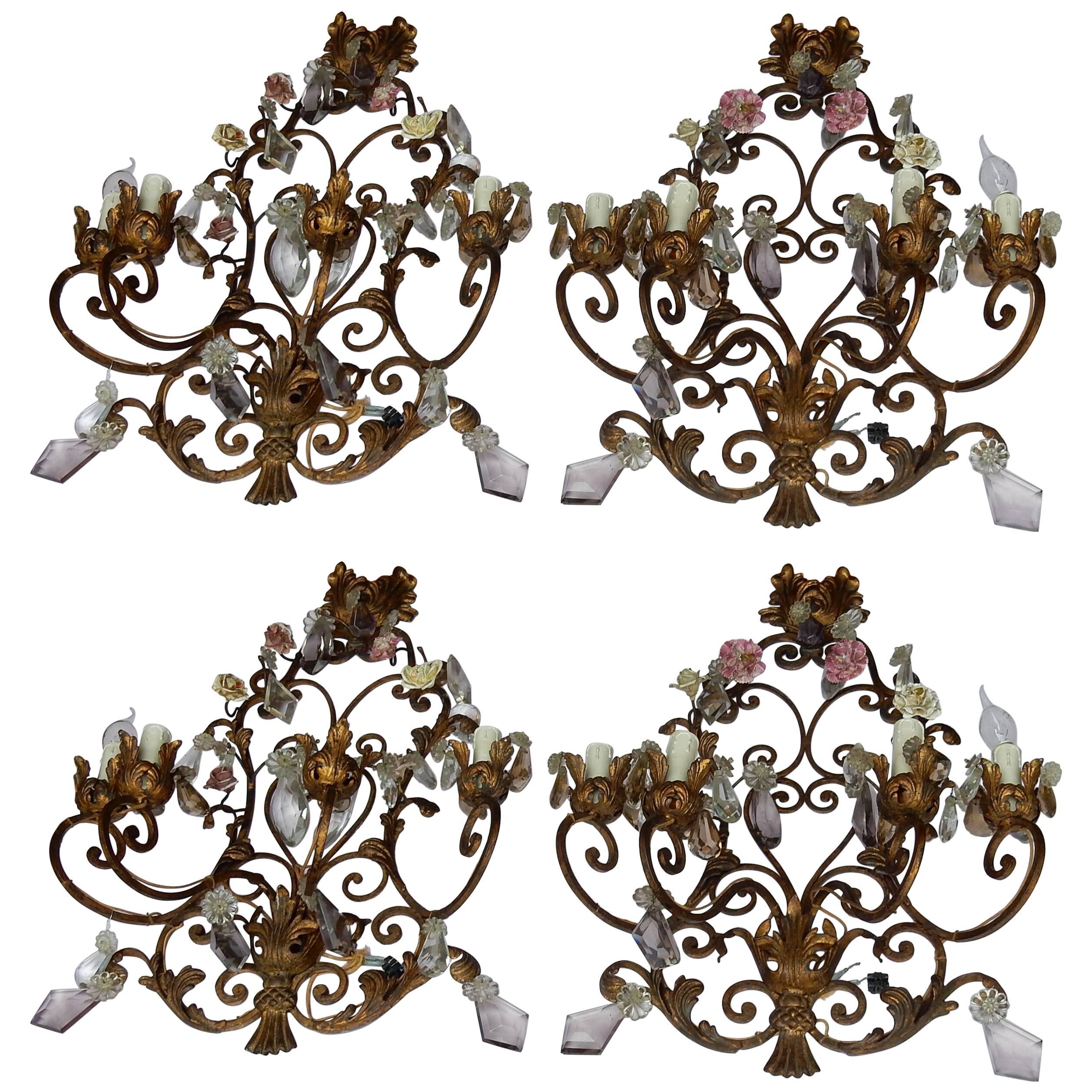 1900 Series of Four Wall Lamps Has Four Arms of Light N3 with Ceramic Flowers